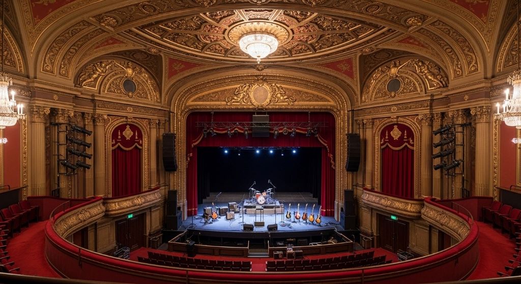 Interior view of historic Beacon Theatre on Upper West Side showing ornate architecture and stage setup for concert performance
