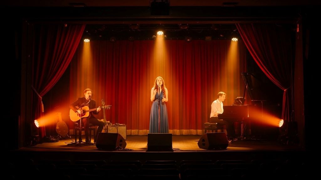LED stage lights illuminating performers on intimate playhouse theater stage with warm atmospheric lighting