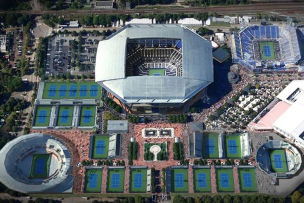 Aerial view of the Louis Armstrong Stadium fan zone at USTA Billie Jean King National Tennis Center in Queens during FIFA World Cup 2026