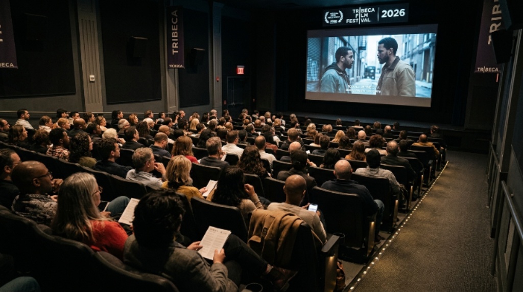 Film festival audience seated in a Manhattan screening room watching an independent film at Tribeca 2026