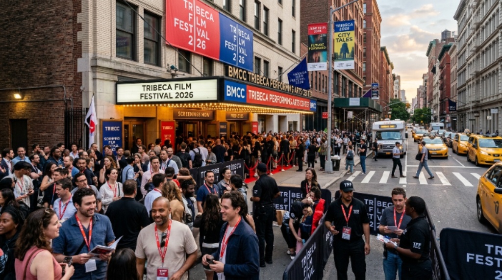 Crowds gathering outside a New York City film festival venue during the Tribeca Film Festival 2026 in June