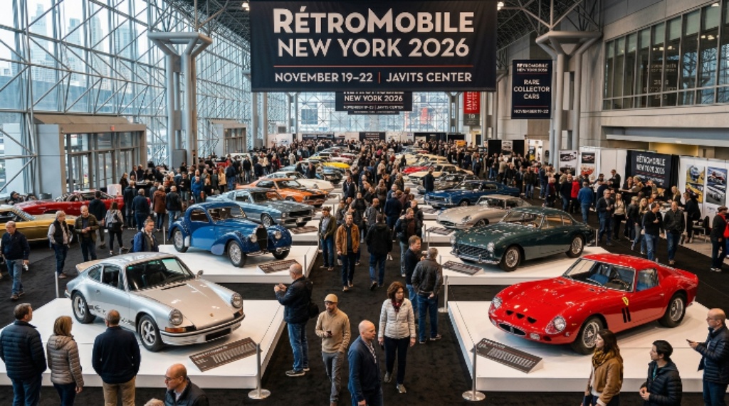 Visitors exploring rare collector automobiles and exhibits at Rétromobile New York 2026, November 19–22, Javits Center