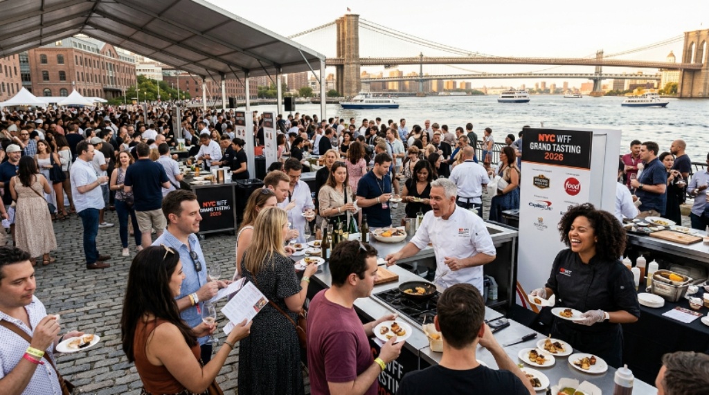 Celebrity chefs and food enthusiasts gathering at the Grand Tasting event of the NYC Wine & Food Festival 2026, with the East River waterfront visible in the background at the Seaport