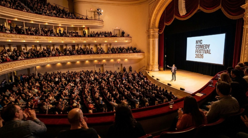 A packed crowd laughing at a stand-up comedian performing on stage at Carnegie Hall during the NYC Comedy Festival 2026