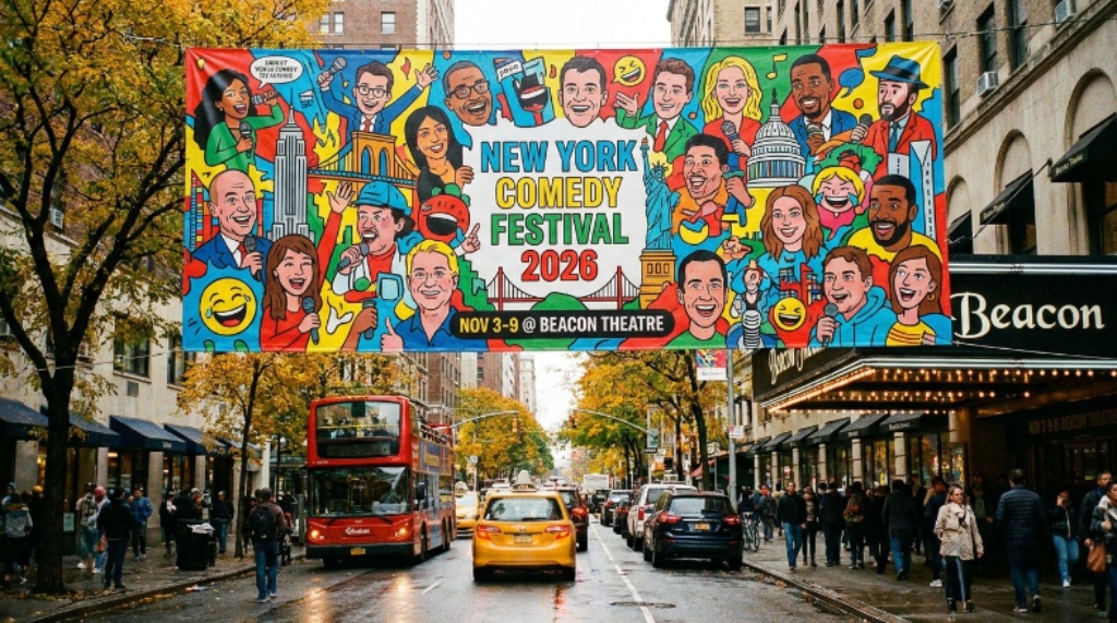 Colorful festival banner for the New York Comedy Festival 2026 displayed outside the Beacon Theatre on a busy Manhattan street