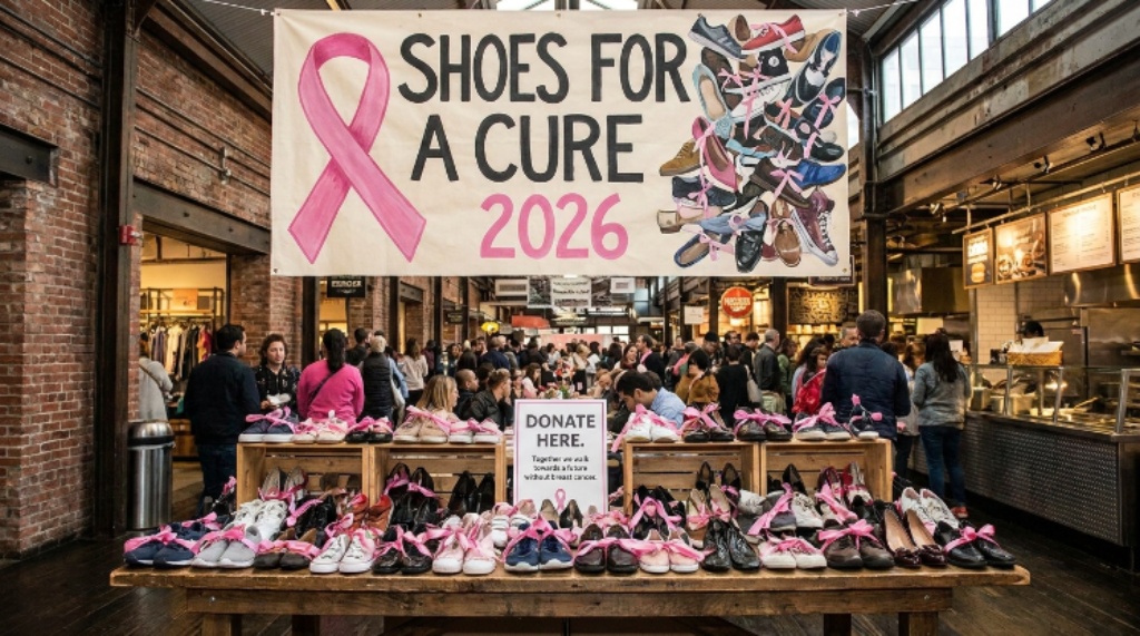 Shoes for a Cure 2026 event banner with pink ribbon and footwear display at Chelsea Market NYC