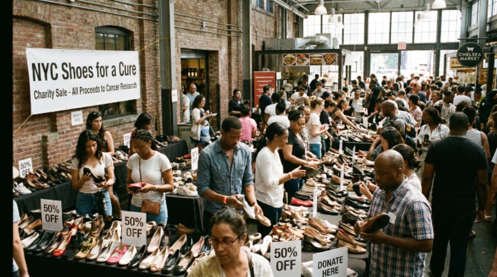 Shoppers browsing discounted footwear at NYC Shoes for a Cure charity sale at Chelsea Market