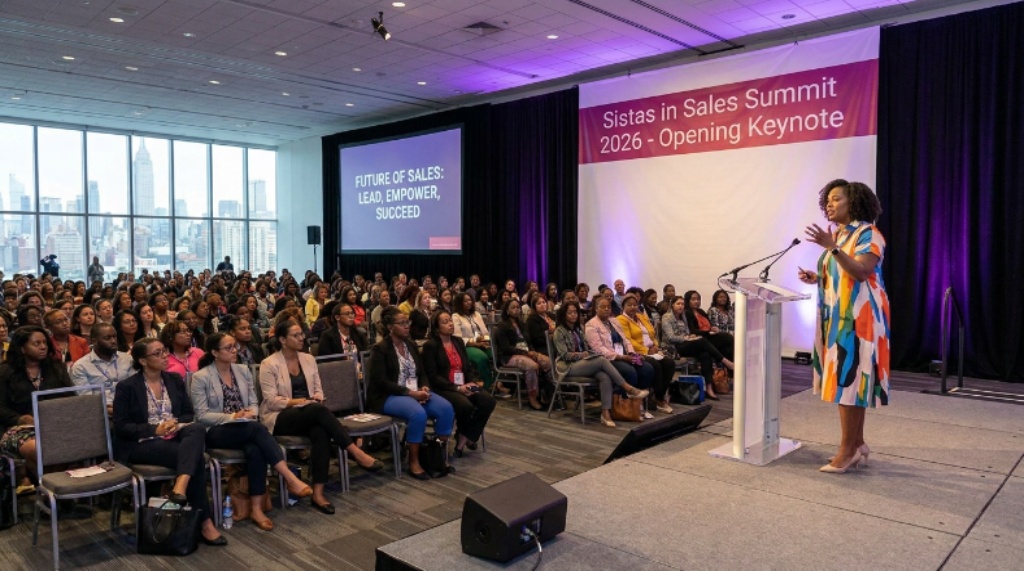Speaker on stage at the Sistas in Sales Summit 2026 opening keynote in New York City