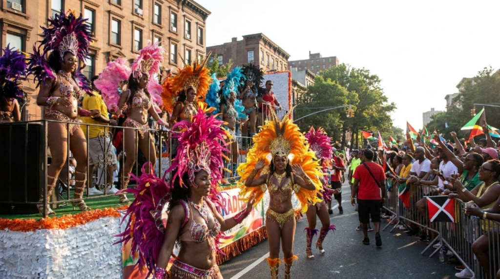 Costumed performers at West Indian Day Parade Crown Heights New York