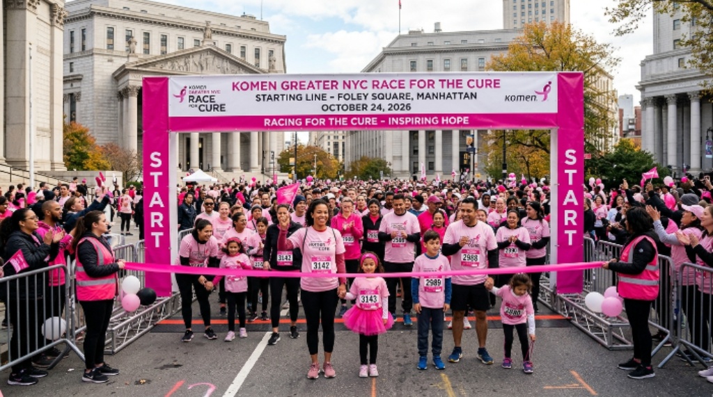 Parents and children at the starting line of the Komen Greater NYC Race for the Cure at Foley Square in Manhattan on October 24 2026