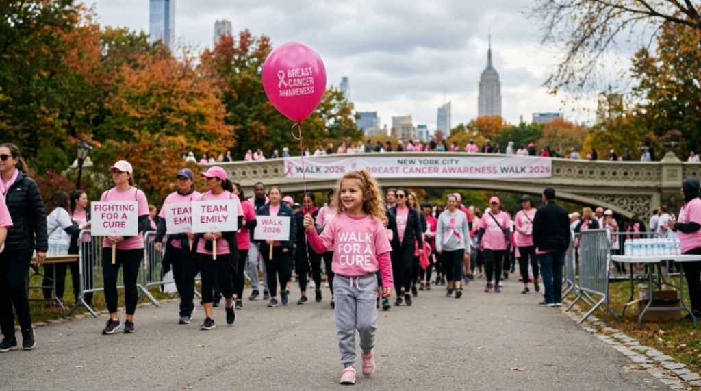 A young child holding a pink balloon at a breast cancer awareness fundraising walk event in New York City during October 2026
