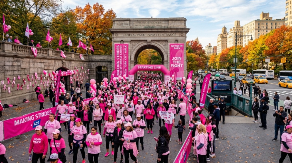 Breast cancer walk participants gathering at Central Park West in New York City near the 72nd Street entrance on an October morning with pink banners and ribbons