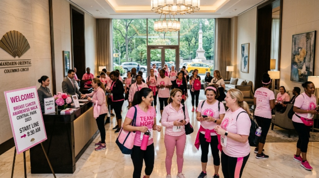 Hotel lobby of a luxury New York City property near Columbus Circle, welcoming guests attending a breast cancer awareness walk in Central Park