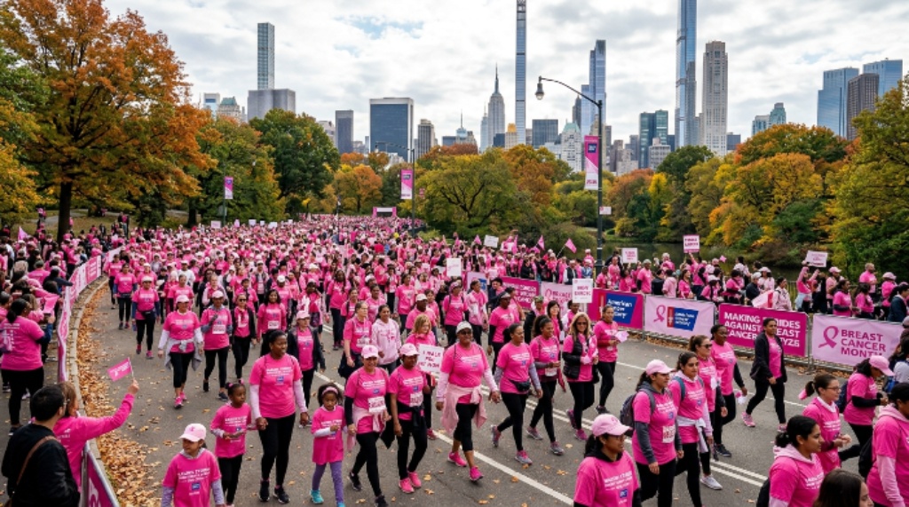 Thousands of pink-clad walkers crossing Central Park at the Making Strides Against Breast Cancer walk in Manhattan during NYC Breast Cancer Awareness Month 2026