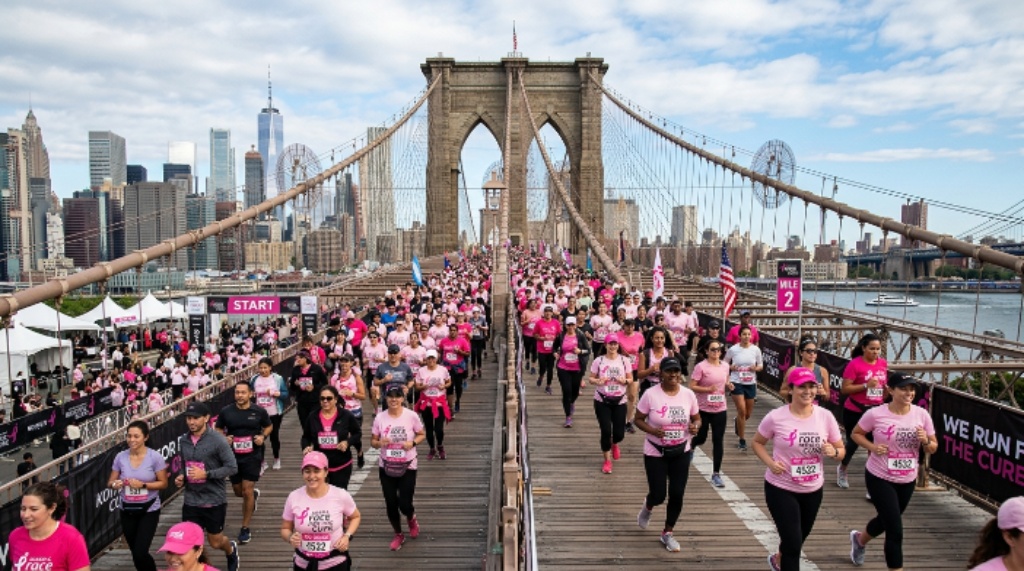 Participants crossing the Brooklyn Bridge at the 2026 Susan G. Komen Race for the Cure in NYC, starting at Foley Square in lower Manhattan