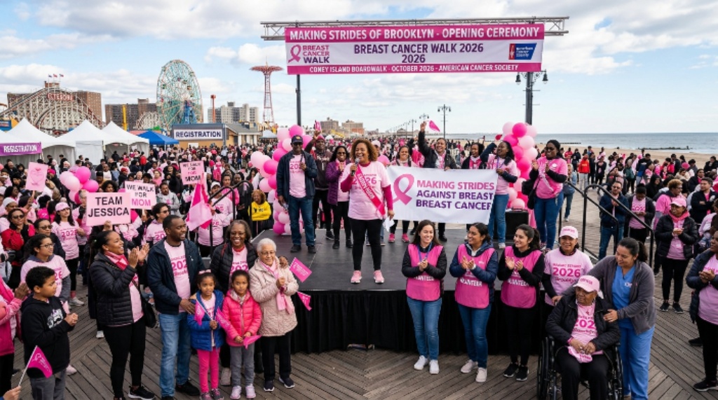 Families, caregivers, and volunteers gathered at the opening ceremony of the Making Strides of Brooklyn walk on the Coney Island Boardwalk in October 2026