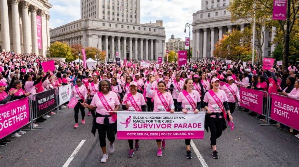 Breast cancer survivors in pink sashes leading the Survivor Parade at the Susan G. Komen Greater NYC Race for the Cure at Foley Square on October 24 2026
