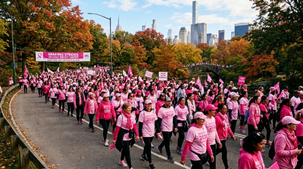 Thousands of pink-clad participants walking through Central Park at the Making Strides Against Breast Cancer event in New York City on October 18 2026