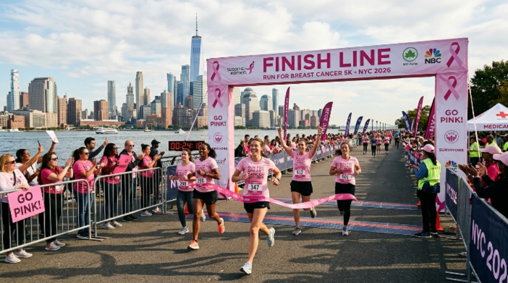 Runners crossing the finish line at the Run for Breast Cancer 5K event along the Hudson River in New York City in 2026