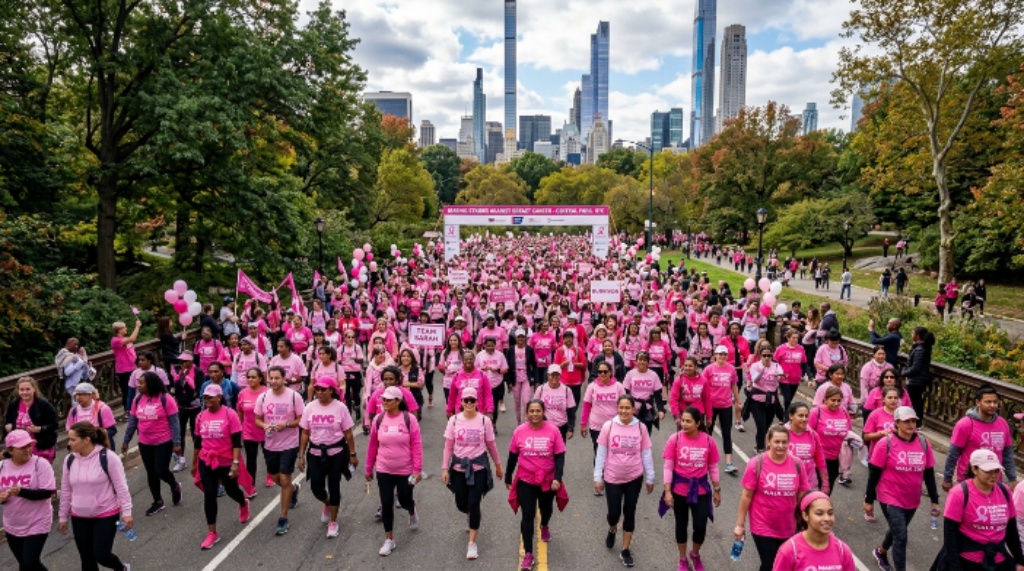 Thousands of participants in pink shirts walking through Central Park during the Making Strides Against Breast Cancer walk in New York City