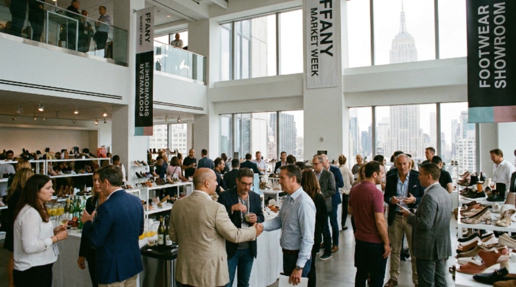 Footwear buyers and brand representatives networking at FFANY Market Week showrooms in Midtown Manhattan