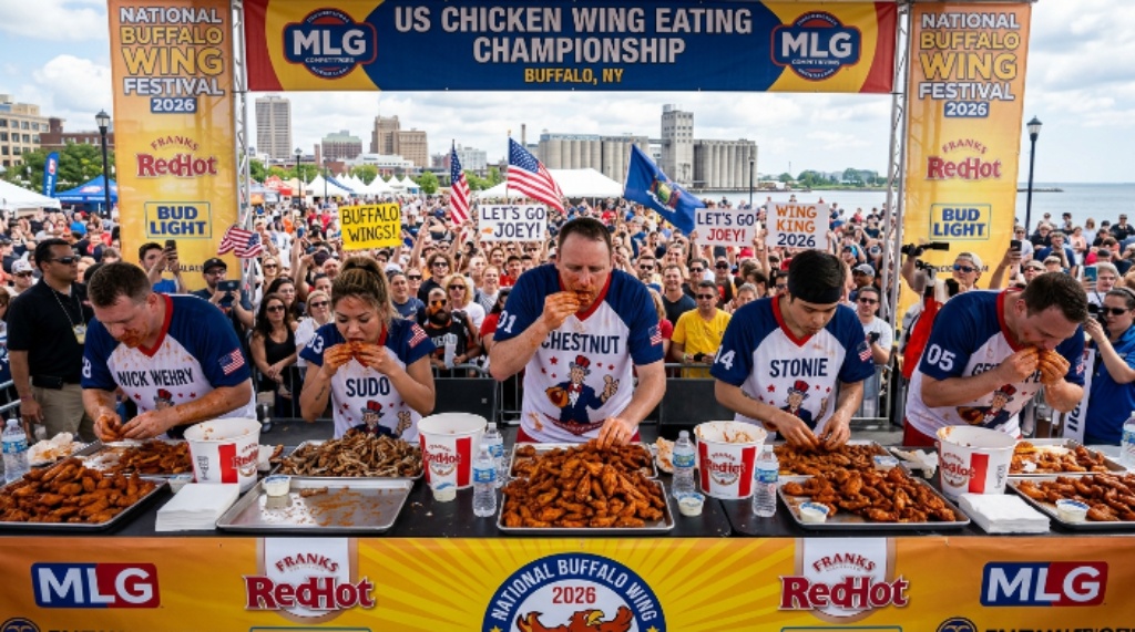 Competitive eaters racing through a plate of wings at the US Chicken Wing Eating Championship during the National Buffalo Wing Festival 2026 in Buffalo NY