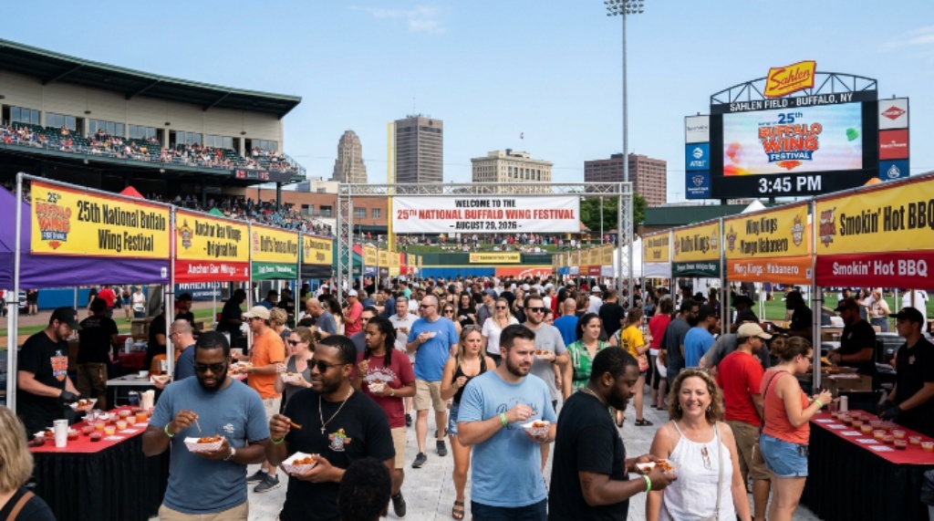 Crowds of wing fans sampling sauces from vendors at the 25th National Buffalo Wing Festival at Sahlen Field in Downtown Buffalo New York on August 29 2026