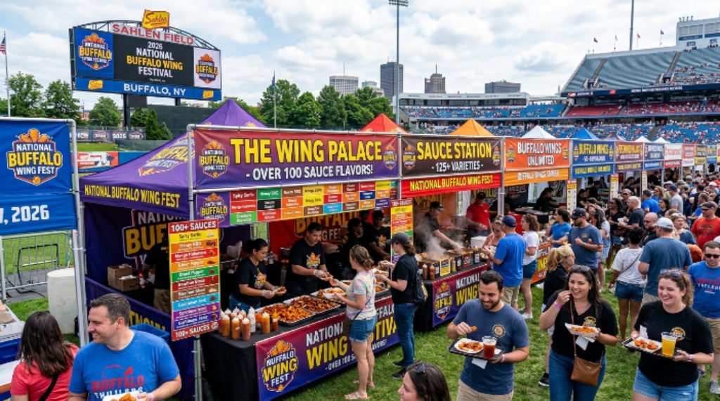 A row of wing vendor stands offering over 100 sauce flavors to festival attendees at Sahlen Field during the 2026 National Buffalo Wing Festival in Buffalo New York