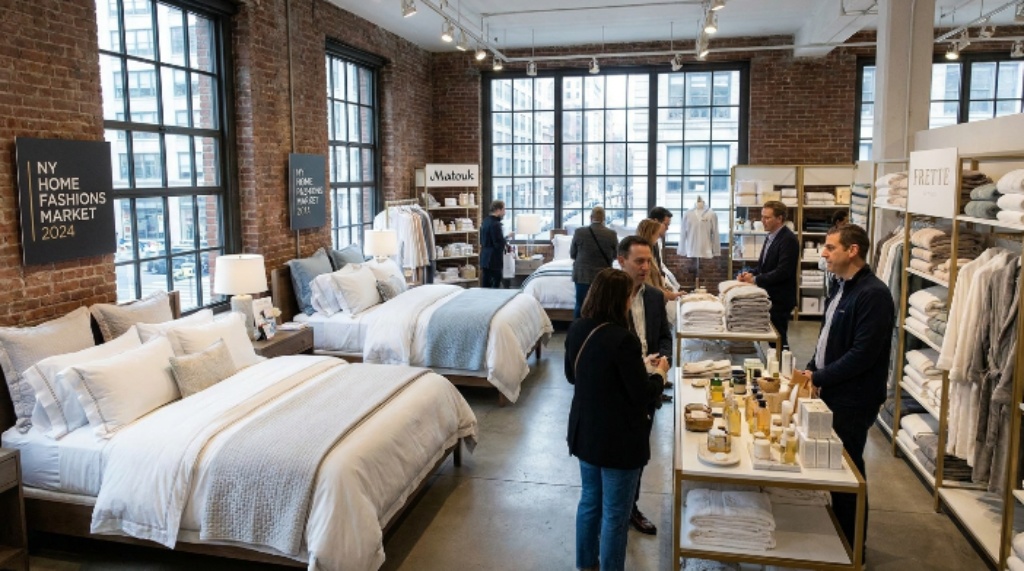 Bed linen and bath products displayed at New York home fashions market showroom