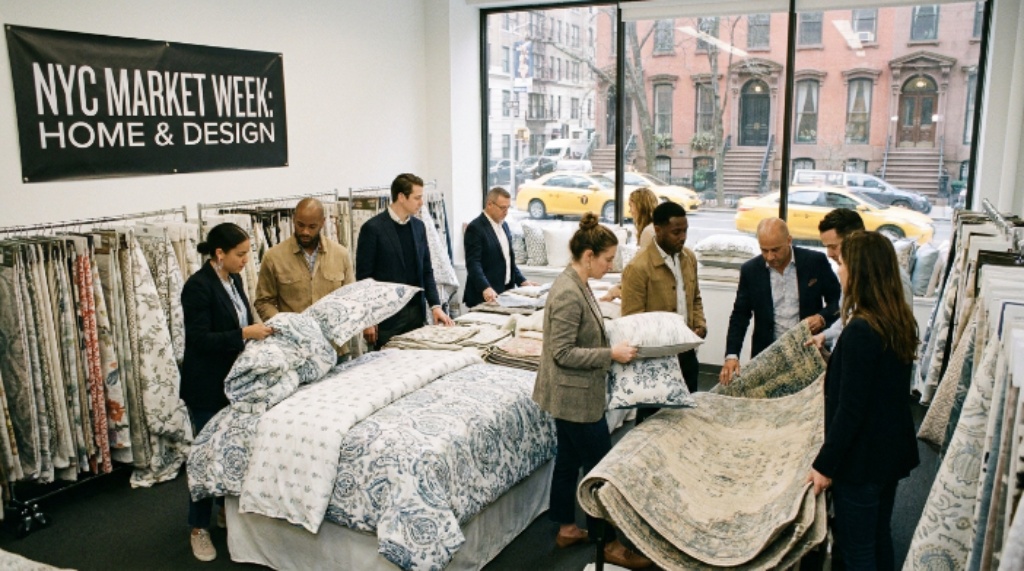 Wholesale buyers reviewing home textile collections at NYC market week