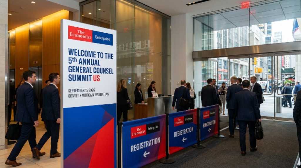 The Economist Enterprise event branding at the entrance to the 5th Annual General Counsel Summit US on September 15 2026 at Convene Midtown Manhattan