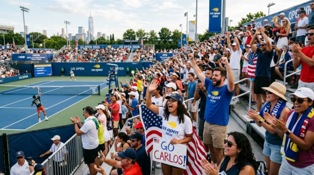 Tennis fans cheering at US Open 2026 outer courts during opening rounds