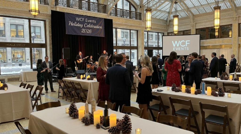 WCF Events holiday party setup at Chicago venue 2026