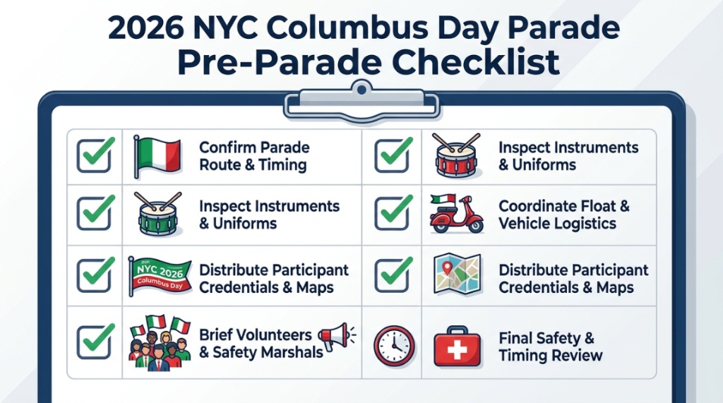 Pre-parade checklist graphic for the 2026 NYC Columbus Day Parade
