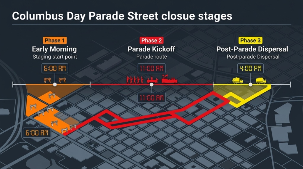 Timeline graphic of Columbus Day Parade street closure stages
