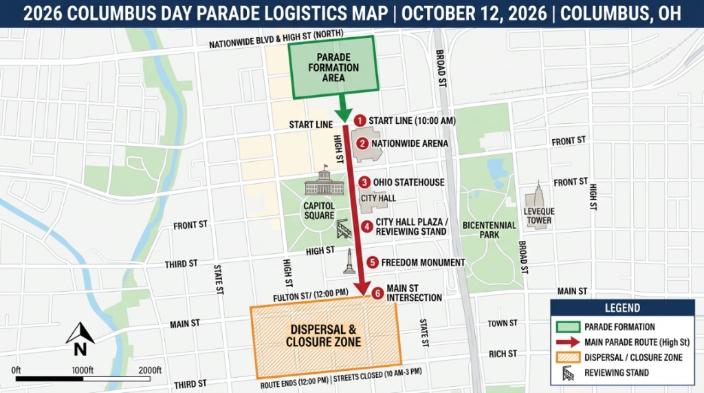 Map showing formation, main route, and dispersal closure zones for the 2026 Columbus Day Parade