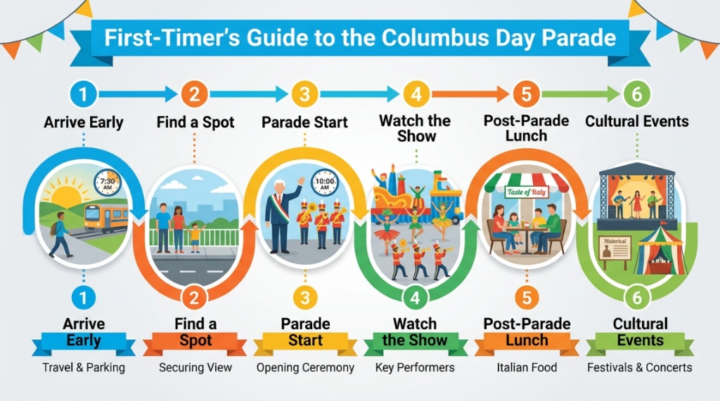 Timeline graphic for first-time Columbus Day Parade attendees