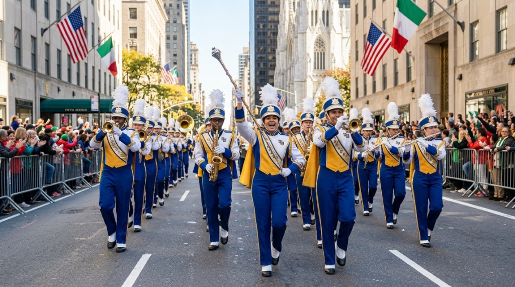 Marching band performing at the NYC Columbus Day Parade