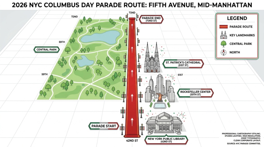 Map of the 2026 NYC Columbus Day Parade route along Fifth Avenue