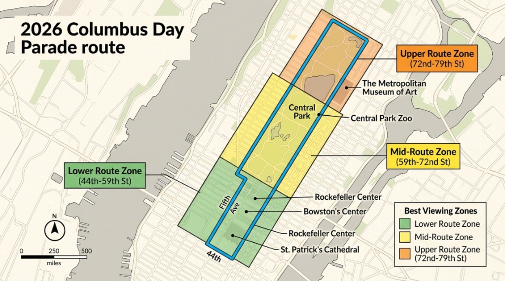 Map of best viewing zones along the 2026 Columbus Day Parade route