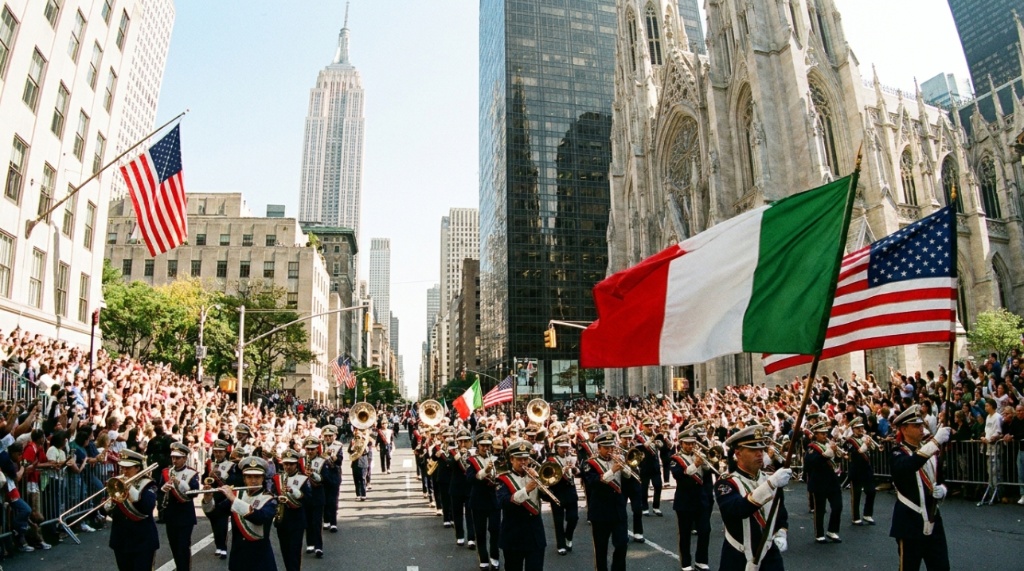 A vibrant crowd lines Fifth Avenue during the NYC Columbus Day Parade 2026 as marching bands and festive floats pass by under waving Italian and American flags.