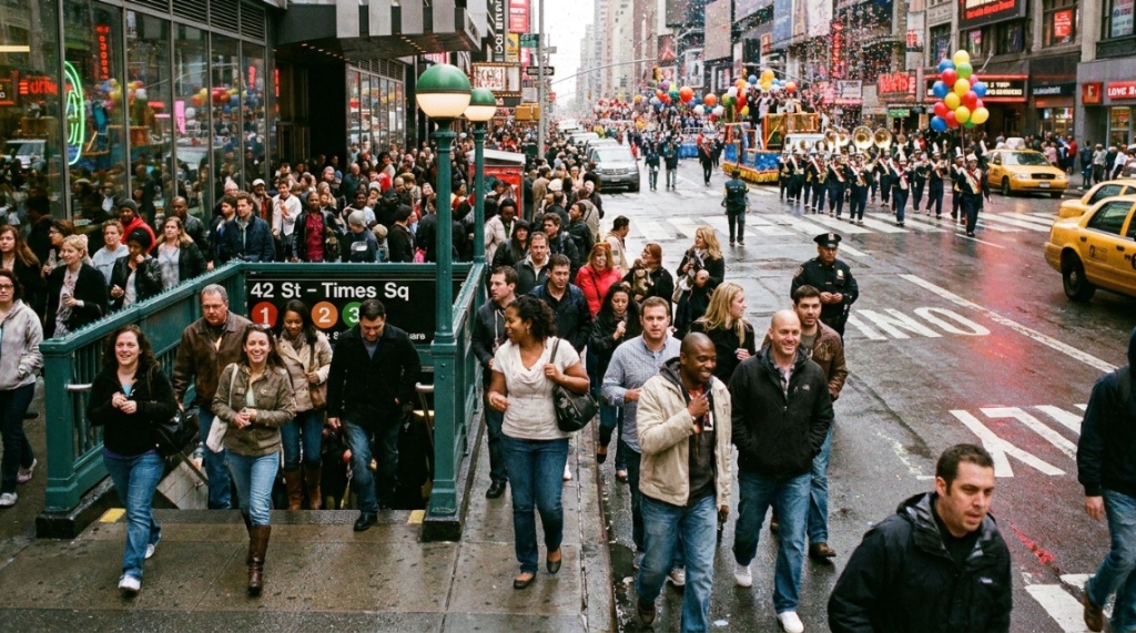 A realistic, energetic street photo of a crowd walking along a busy NYC sidewalk, with people exiting a subway entrance and heading toward a parade visible on a major avenue.