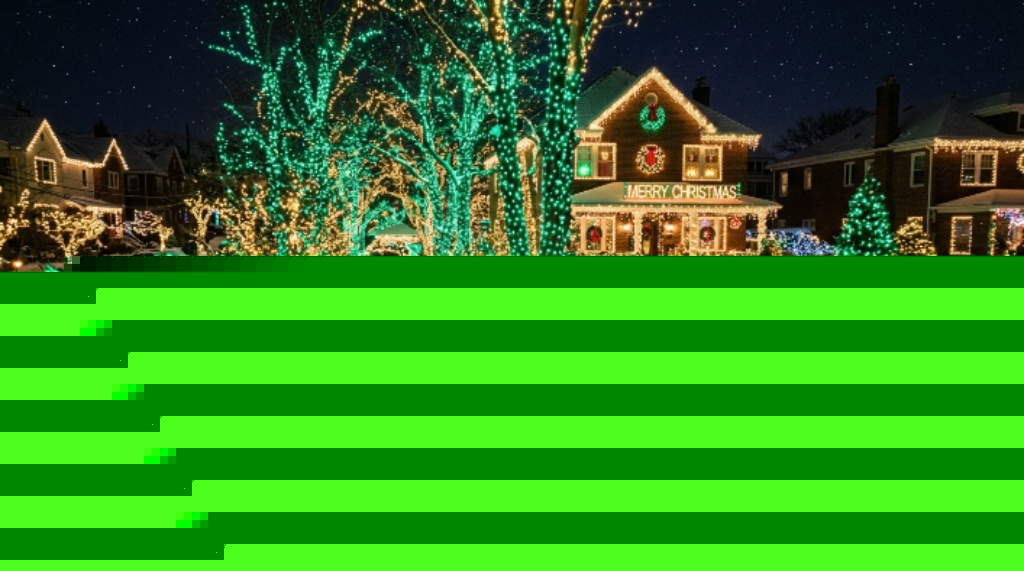 The Forest of Lights display at 1134 83rd Street in Dyker Heights, Brooklyn, with trees covered in green and yellow Christmas lights creating a magical glowing winter scene