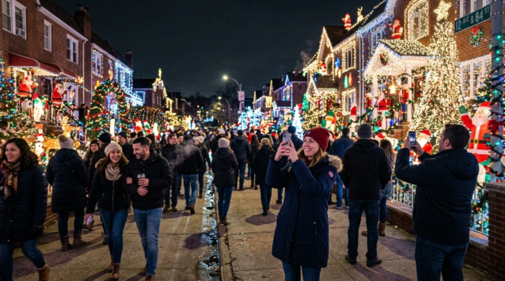 Visitors walking through the brightly lit streets of Dyker Heights in Brooklyn on a winter night, photographing the famous Christmas light displays between 11th and 13th Avenues
