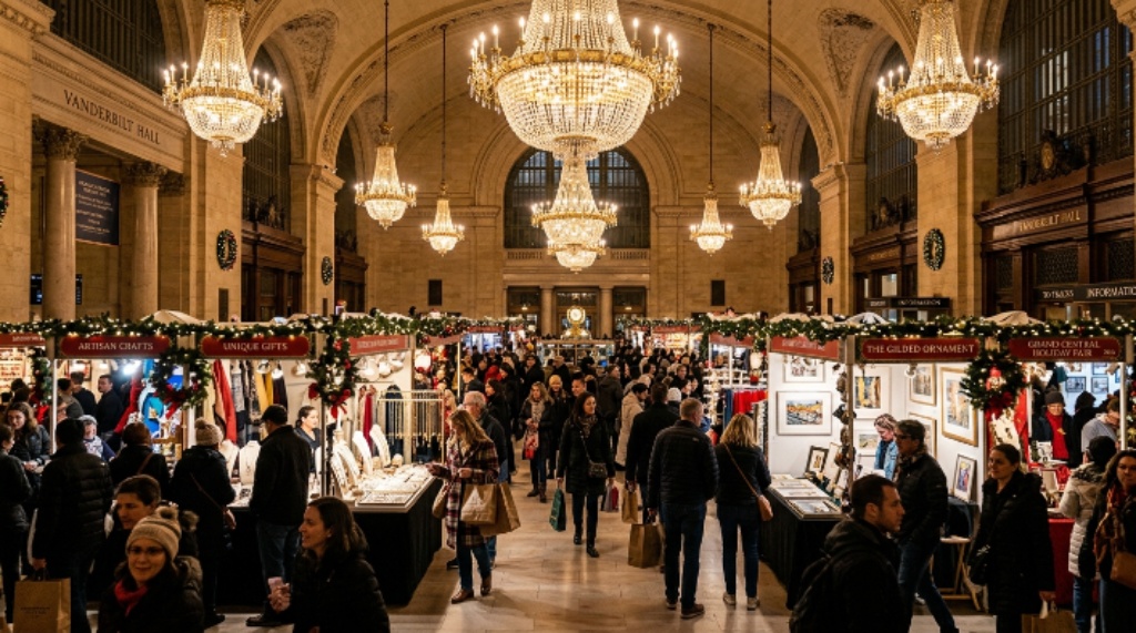 Visitors exploring the indoor holiday market at Grand Central Terminal during the 2026 Grand Central Holiday Fair beneath the venue's ornate chandeliers