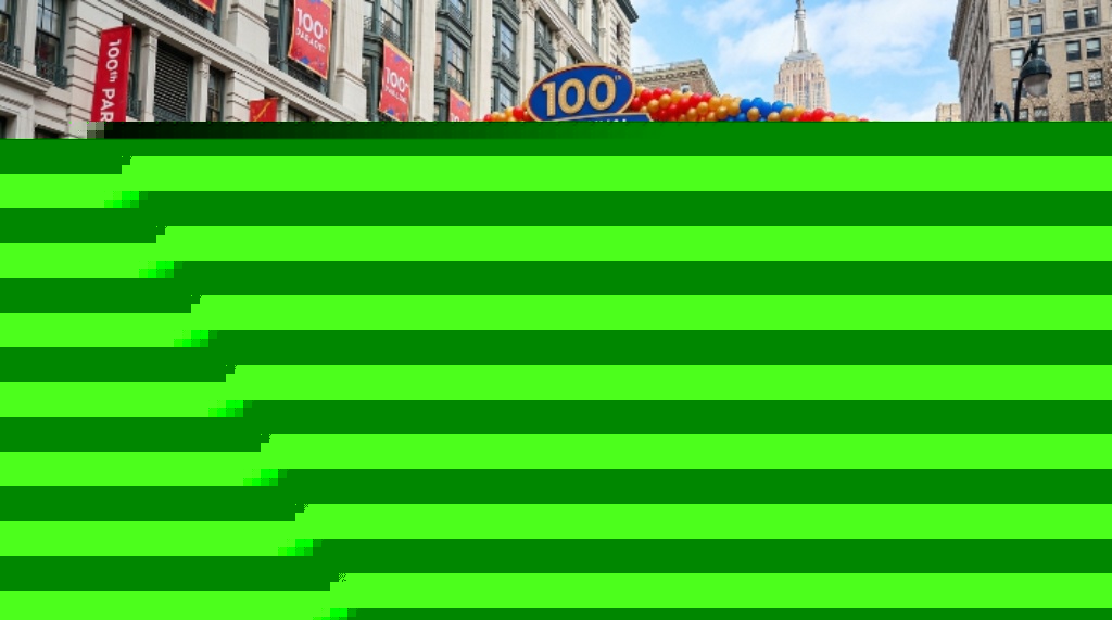 Herald Square finish line decorated for the 100th annual Thanksgiving Day Parade