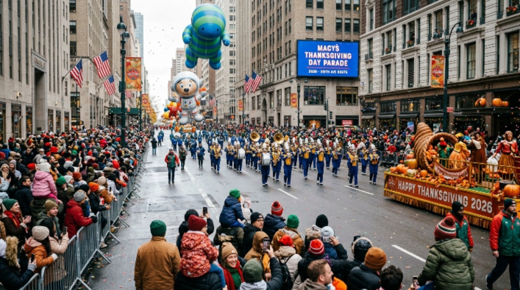 Crowds gathered along Sixth Avenue for the 2026 Thanksgiving Day Parade route