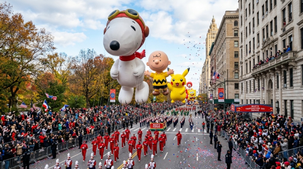 Giant character balloons floating down Central Park West during the Thanksgiving Day Parade