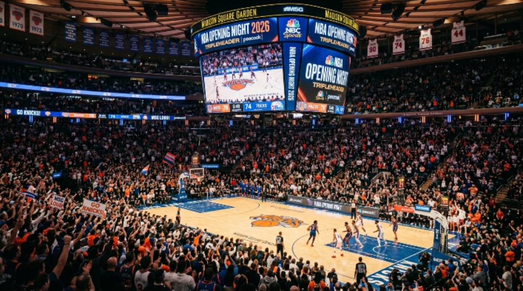 Packed crowd at Madison Square Garden watching the New York Knicks host the Philadelphia 76ers in the NBA Opening Night 2026 tripleheader on NBC and Peacock