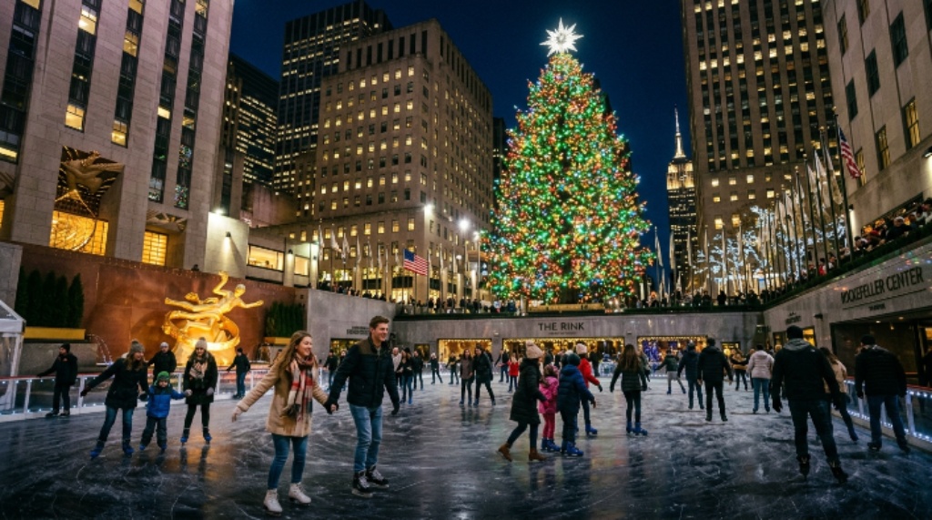 Ice skaters gliding beneath the glowing Rockefeller Center Christmas Tree and Swarovski star at The Rink in Midtown Manhattan during December 2026
